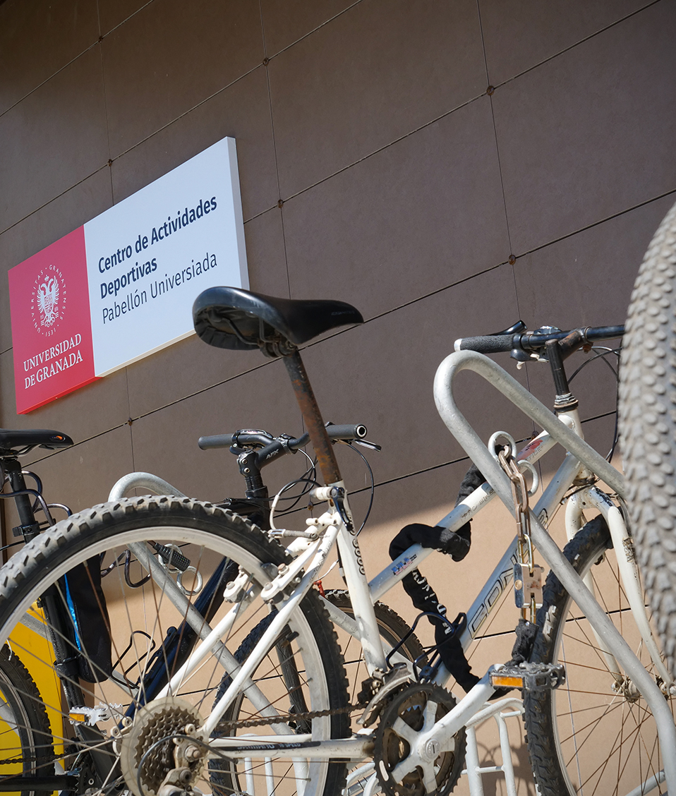 Imagen de unas bicicletas aparcadas delante de una pared de un pabellón del Centro de Actividades Deportivas de la Universidad de Granada, en la que hay un cartel del centro